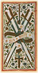 The Five of Swords, egy tarot kártya fakszimile a „Visconti” pakliból, 1441-47 alkotó: Bonifacio Bembo